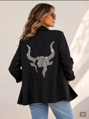 Something New NWT Black Rhinestone Longhorn Skull Western Blazer Size 6